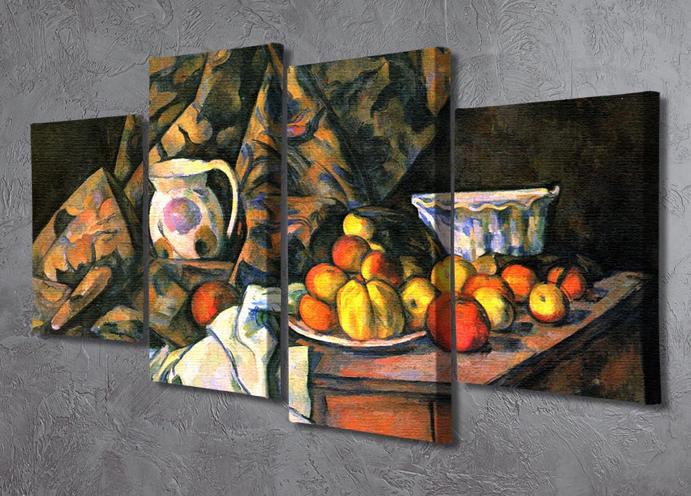 A vibrant 4-split canvas artwork featuring Cezanne's still life with apples and peaches, showcasing rich colors and textures.